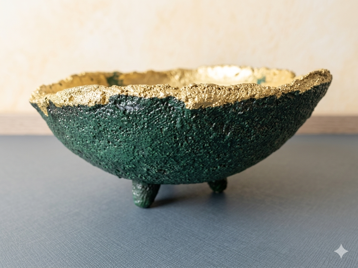 Ciotola Artigianale in Cartapesta Verde e Oro con Piedini